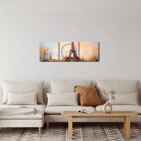 Obraz - Malba Eiffelovy věže (s hodinami) (90x30 cm)