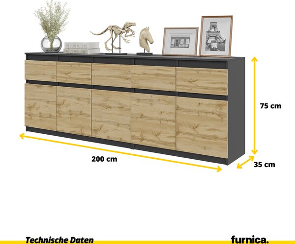 NOAH - Komoda s 5 zásuvkami a 5 dvířky - Komoda do ložnice Úložná skříňka Příborník - antracit / dub Wotan V75cm Š200cm H35cm