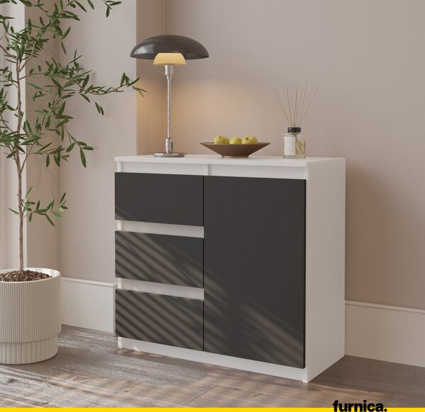 FURNICA - MIKEL - Komoda se 3 zásuvkami a 1 dvířky - bílá matná / antracitově šedá V75cm Š80cm H35cm