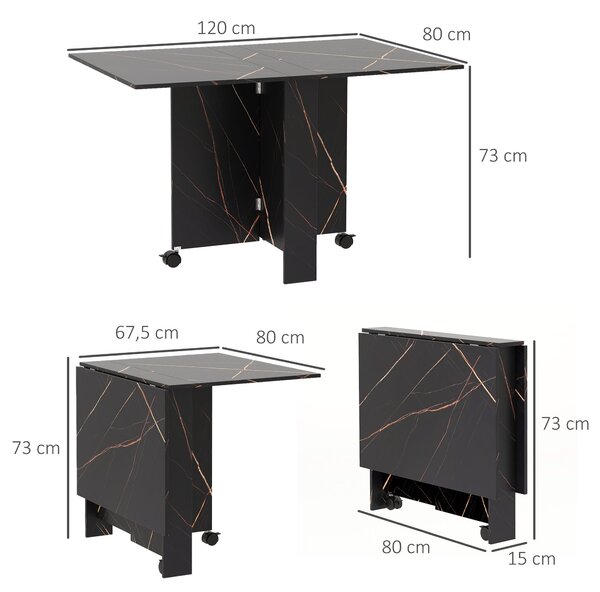 Skládací kuchyňský stůl HOMCOM, skládací jídelní stůl se 2 skládacími deskami, 2 kolečky s brzdami, pro 6 osob, nosnost 20 kg, 120 x 80 x 73 cm, imita