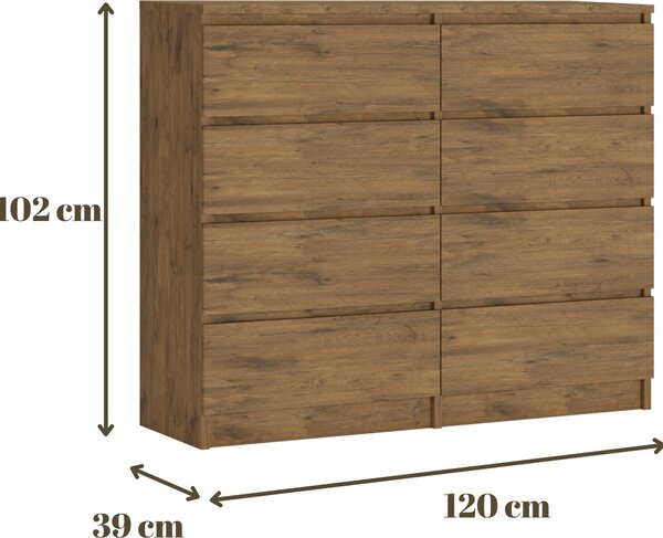3xobývací komoda s 8 zásuvkami 120 cm, barva: dub Lancelot, V: 102 cm, Š: 120 cm, H: 39 cm. Skříňka do obývacího pokoje, kanceláře, ložnice
