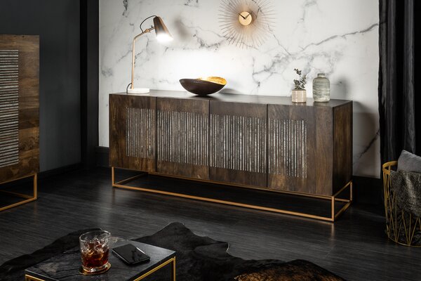 Riess-ambiente Masivní příborník ONYX 180 cm tmavě hnědé mangové dřevo drahokam achát zlatý kovový rám komoda příborník skříňka