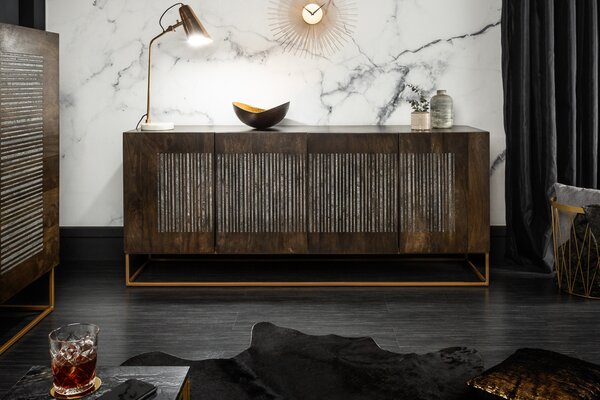Riess-ambiente Masivní příborník ONYX 180 cm tmavě hnědé mangové dřevo drahokam achát zlatý kovový rám komoda příborník skříňka