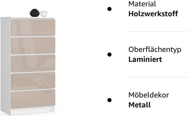 BDW Komoda s vysokým leskem, 5 zásuvek, ložnice, 60x121, bílo-červená