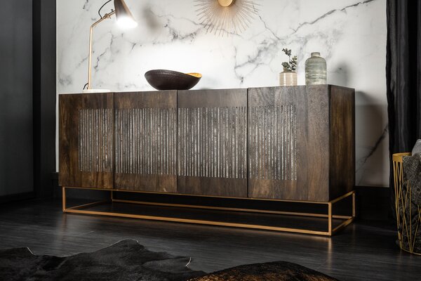Riess-ambiente Masivní příborník ONYX 180 cm tmavě hnědé mangové dřevo drahokam achát zlatý kovový rám komoda příborník skříňka