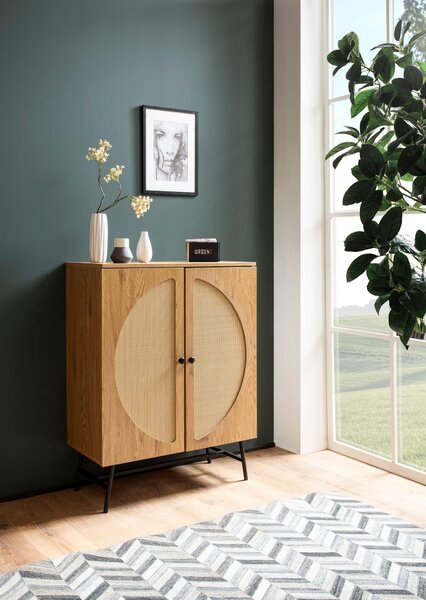 Příborník 80x103x39 cm Imitace highboard dub s ratanovým výpletem moderní, vysoká komoda, stojací skříň se 2 dveřmi, komoda příborník obývací pokoj | Wohnling