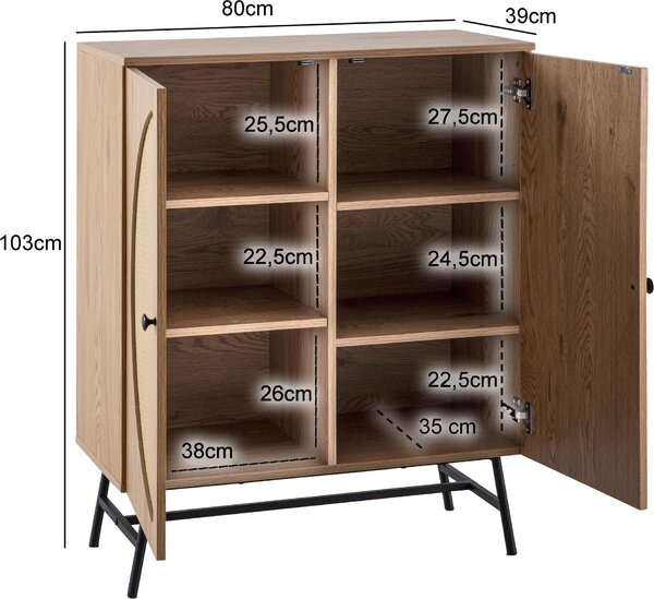 Příborník 80x103x39 cm Imitace highboard dub s ratanovým výpletem moderní, vysoká komoda, stojací skříň se 2 dveřmi, komoda příborník obývací pokoj | Wohnling
