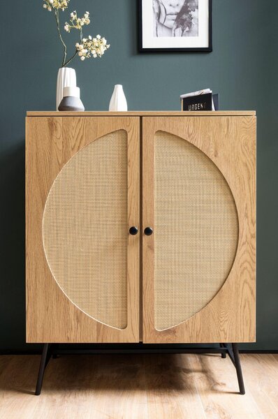 Příborník 80x103x39 cm Imitace highboard dub s ratanovým výpletem moderní, vysoká komoda, stojací skříň se 2 dveřmi, komoda příborník obývací pokoj | Wohnling