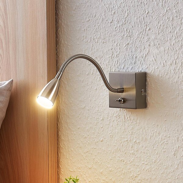 Lindby Jolka LED světlo na čtení, vypínač, nikl, Hliník / šedá / zinek, Ložnice, kov, Moderní, Nástěnné svítidlo / světlem dolů