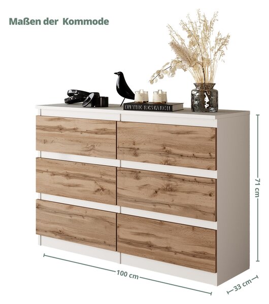 Komoda / příborník se 6 zásuvkami - bílá matná / dub Wotan V71cm Š100cm H33cm