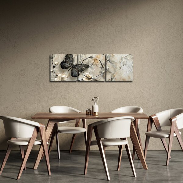 Obraz - Mramorové pozadí s motýli (s hodinami) (90x30 cm)
