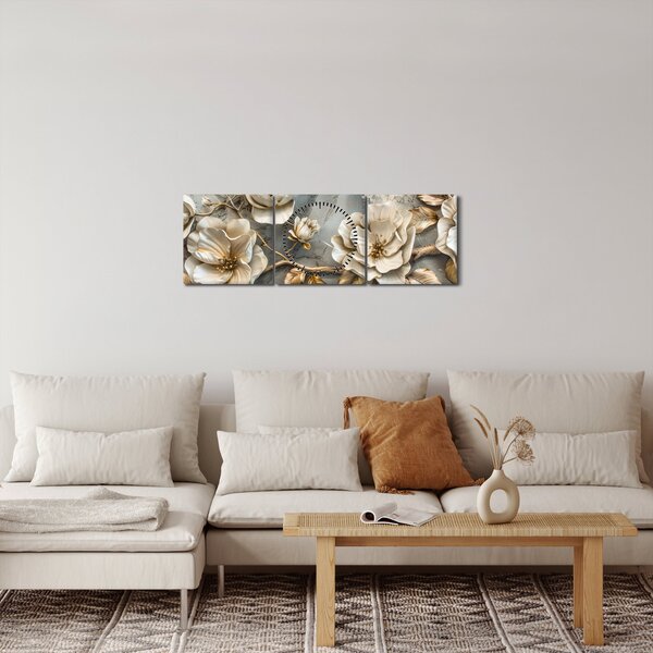 Obraz - Mramorové pozadí s květy (s hodinami) (90x30 cm)