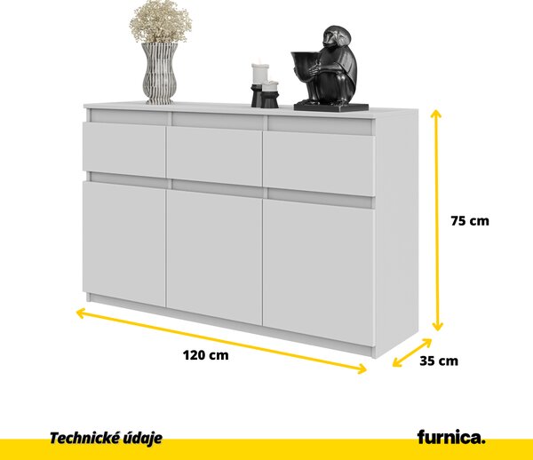 FURNICA - NOAH - Komoda / příborník se 3 zásuvkami a 3 dvířky - bílý mat V75cm Š120cm H35cm