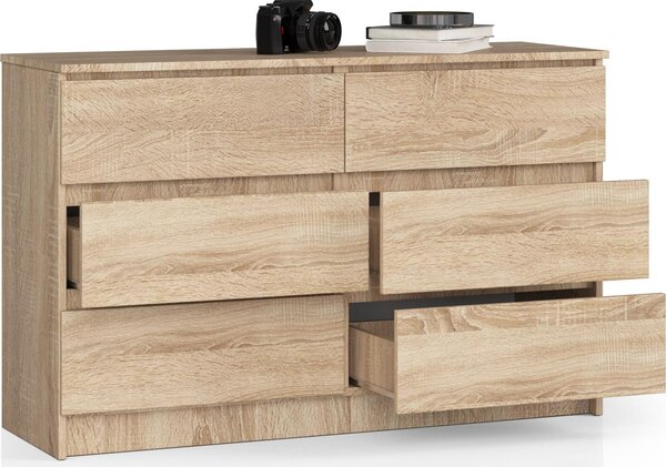 Komoda 120 cm široká se 6 zásuvkami, do ložnice a obývacího pokoje, univerzální do předsíně a dětského pokoje v barvě sonoma