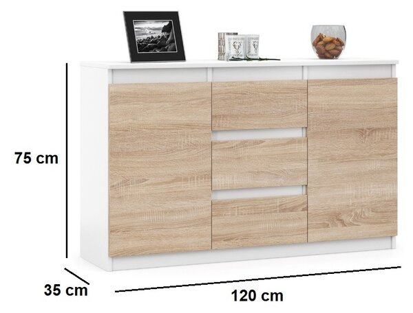 VBChome Komoda 120 x 35 x 75 cm se 3 zásuvkami a 2 dvířky Bílá - Dub Sonoma Bezúchytková komoda Víceúčelová skříň do předsíně Ložnice