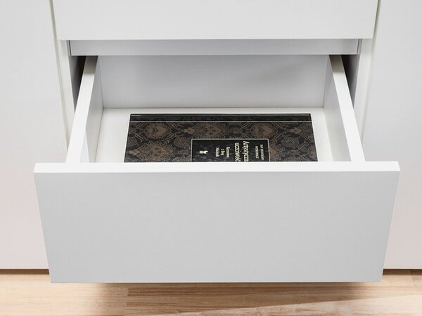 VBChome Komoda 120 x 35 x 75 cm se zásuvkami a 2 dvířky Bílá - grafit Bezúchytková komoda Víceúčelová skříňka do předsíně Ložnice