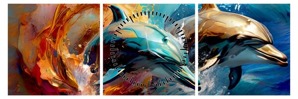 Obraz - Malba delfínů (s hodinami) (90x30 cm)