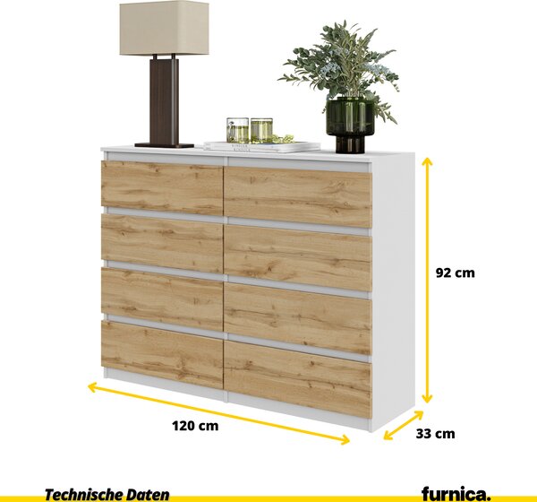 FURNICA - GABRIEL - Komoda / příborník s 8 zásuvkami - bílý mat / dub Wotan V92cm Š120cm H33cm