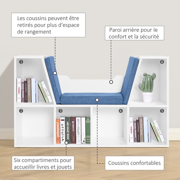 HOMCOM Knihovna s lavicí 2 v 1 Moderní design 6 oddílů 3 polštáře 102Š x 30H x 61V cm Bílá Modrá | Aosom