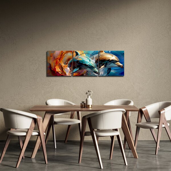 Obraz - Malba delfínů (s hodinami) (90x30 cm)