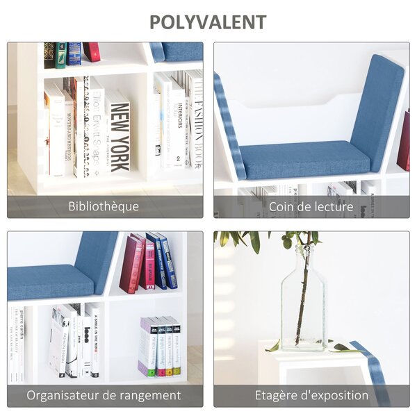 HOMCOM Knihovna s lavicí 2 v 1 Moderní design 6 oddílů 3 polštáře 102Š x 30H x 61V cm Bílá Modrá | Aosom