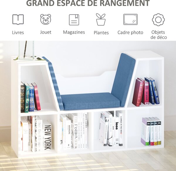 HOMCOM Knihovna s lavicí 2 v 1 Moderní design 6 oddílů 3 polštáře 102Š x 30H x 61V cm Bílá Modrá | Aosom