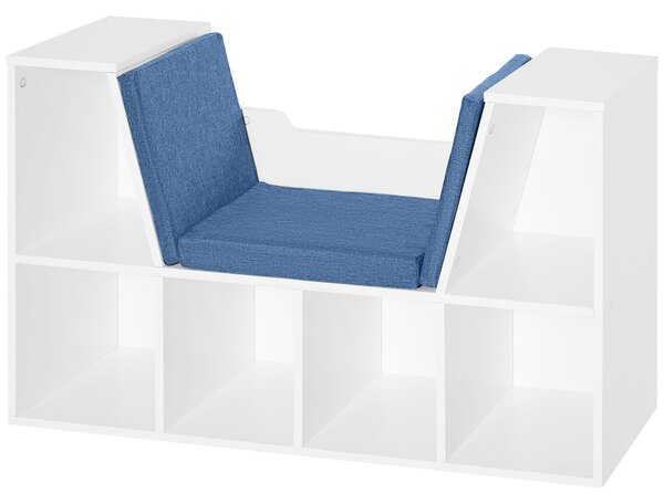 HOMCOM Knihovna s lavicí 2 v 1 Moderní design 6 oddílů 3 polštáře 102Š x 30H x 61V cm Bílá Modrá | Aosom
