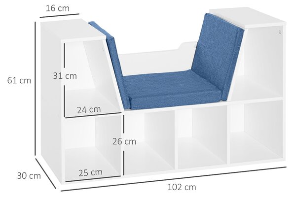 HOMCOM Knihovna s lavicí 2 v 1 Moderní design 6 oddílů 3 polštáře 102Š x 30H x 61V cm Bílá Modrá | Aosom
