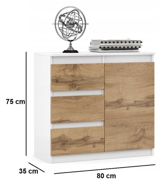 VBChome Komoda 80 x 35 x 75 cm se 3 zásuvkami a 1 dvířky Bílá - Dub Wotan Komoda bez úchytek Víceúčelová skříň do předsíně Ložnice