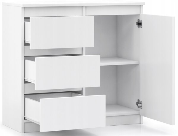 VBChome Komoda 80 x 35 x 75 cm se 3 zásuvkami a 1 dvířky Bílá - grafit Bezúchytková zásuvková komoda Víceúčelová skříň do předsíně Ložnice