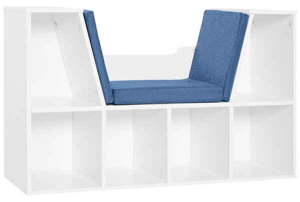 HOMCOM Knihovna s lavicí 2 v 1 Moderní design 6 oddílů 3 polštáře 102Š x 30H x 61V cm Bílá Modrá | Aosom