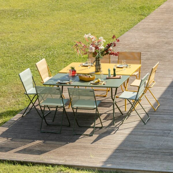 Sada BALCONY II – skládací stůl 140×80 cm + 6 ultra kompaktních židlí | ColorBlock zelená Moss