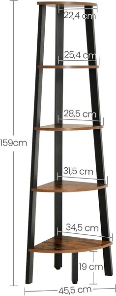 VASAGLE rohový regál, 5 polic průmyslový design žebřík s kovovým rámem pro obývací pokoj kancelář vintage