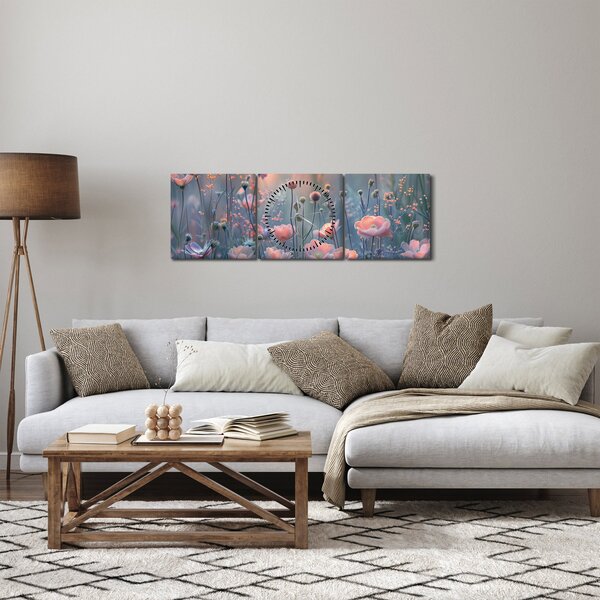 Obraz - Květiny v pastelových barvách (s hodinami) (90x30 cm)