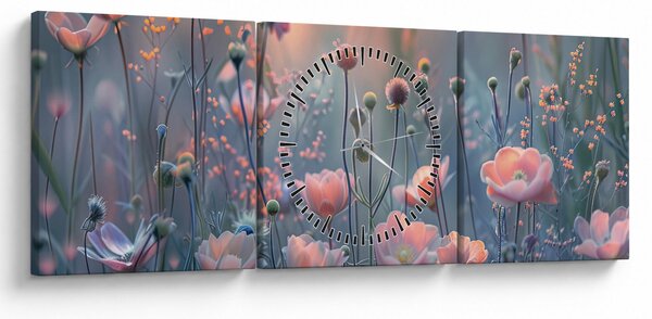 Obraz - Květiny v pastelových barvách (s hodinami) (90x30 cm)