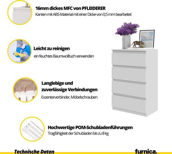 FURNICA - GABRIEL - Komoda se 4 zásuvkami - bílá matná V92cm Š60cm H33cm