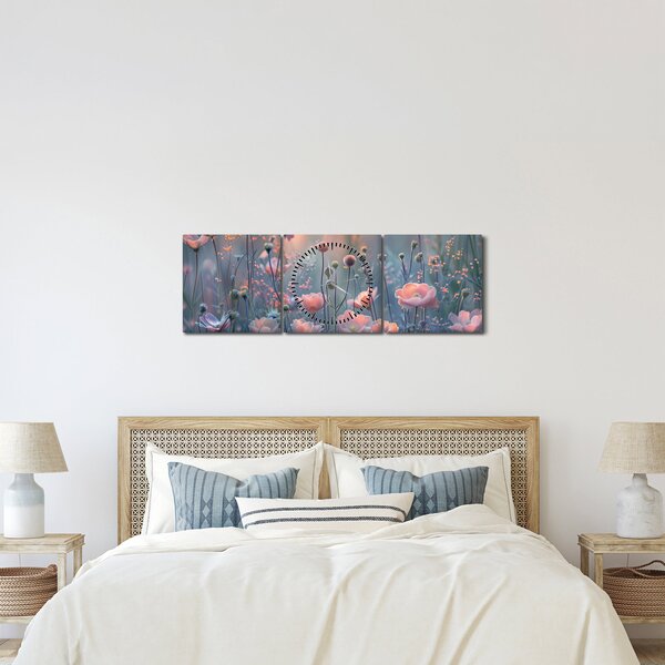 Obraz - Květiny v pastelových barvách (s hodinami) (90x30 cm)