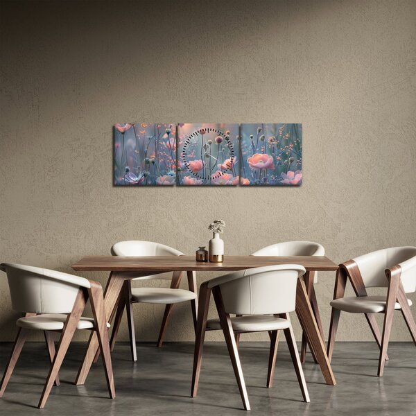 Obraz - Květiny v pastelových barvách (s hodinami) (90x30 cm)