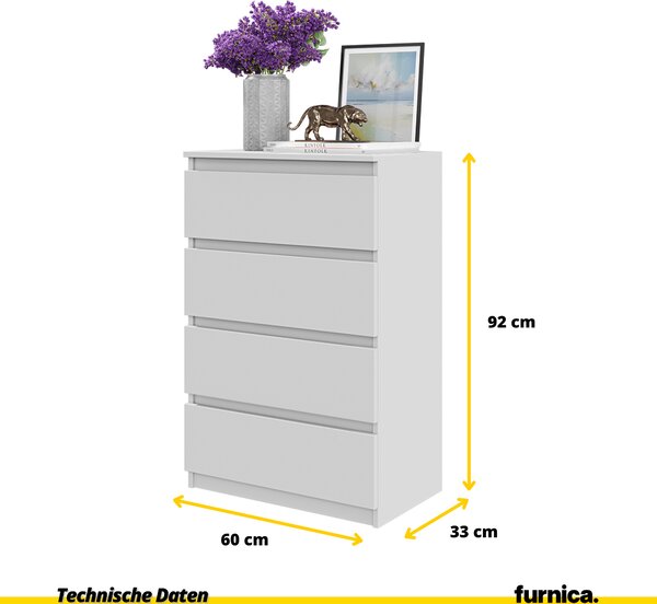 FURNICA - GABRIEL - Komoda se 4 zásuvkami - bílá matná V92cm Š60cm H33cm