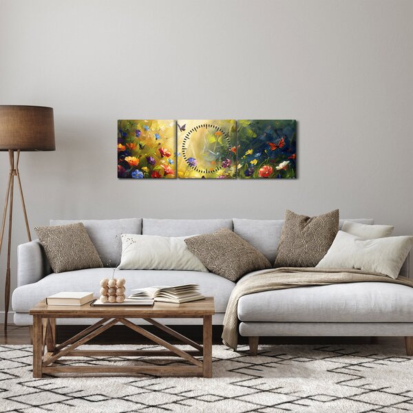 Obraz - Jarní květinová louka, malba (s hodinami) (90x30 cm)