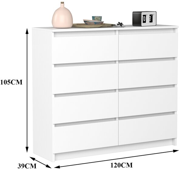 VBChome Komoda s 8 zásuvkami Bílá 120 x 39 x 105 cm Bezúchytková zásuvková komoda Dřevěná víceúčelová skříň Víceúčelová skříň do předsíně Ložnice