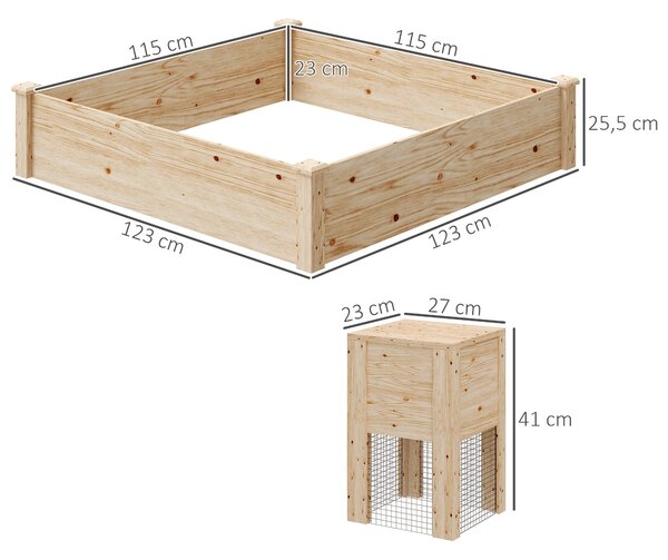 Outsunny Dřevěný Truhlík, venkovní čtvercový vyvýšený zahradní záhon s kompostérem, otevřený design, květinový záhon pro zeleninu a květiny na zahradě