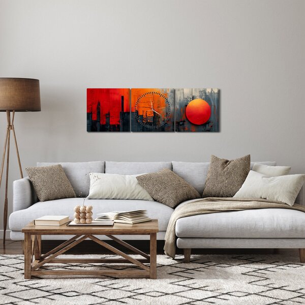 Obraz - Abstraktní malba města (s hodinami) (90x30 cm)