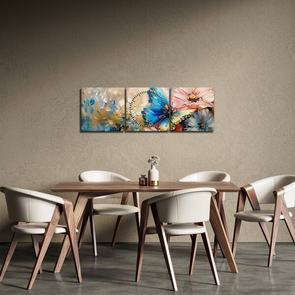 Obraz - Malba květů a motýlů (s hodinami) (90x30 cm)