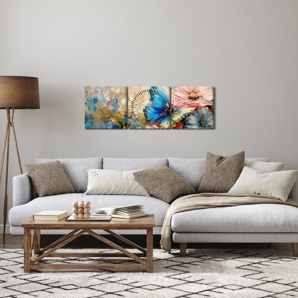 Obraz - Malba květů a motýlů (s hodinami) (90x30 cm)
