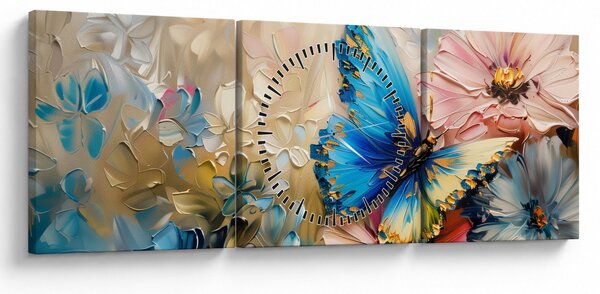 Obraz - Malba květů a motýlů (s hodinami) (90x30 cm)