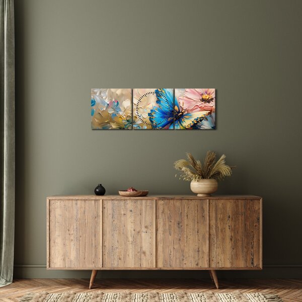 Obraz - Malba květů a motýlů (s hodinami) (90x30 cm)