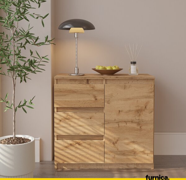 FURNICA - MIKEL - Komoda / příborník se 3 zásuvkami a 1 dvířky - dub Wotan V75cm Š80cm H35cm