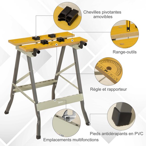 Skládací pracovní stůl DURHAND se 4 svorkami, 100 kg nosnost, ocelová konstrukce, pracovní deska pro dílnu, garáž a staveniště, 62,5x60,5x78,5 cm, šed