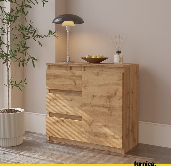 FURNICA - MIKEL - Komoda / příborník se 3 zásuvkami a 1 dvířky - dub Wotan V75cm Š80cm H35cm